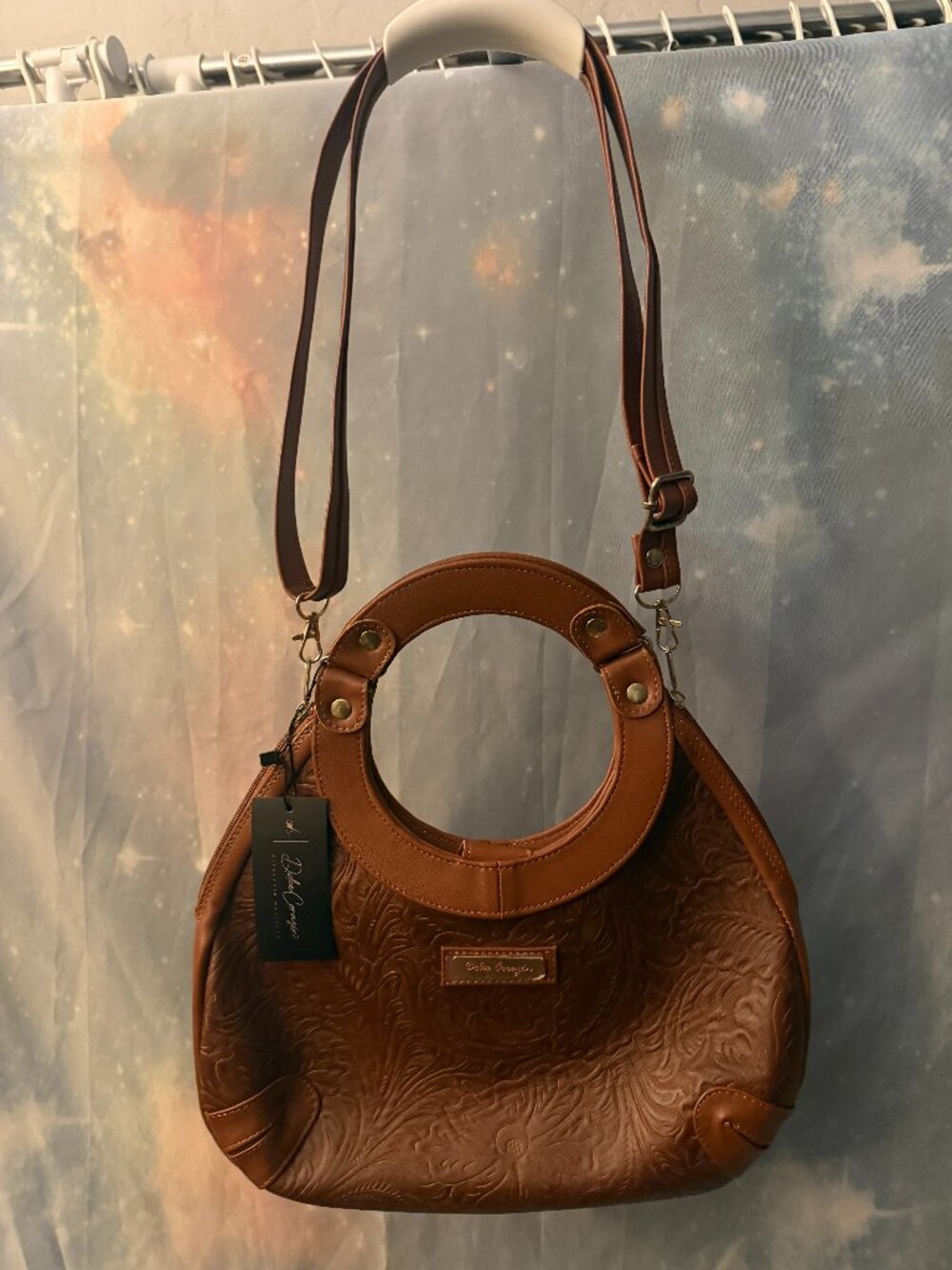 NWT Dolce Corazon Embossed Tooled Leather Hobo Bag Shedron Brown